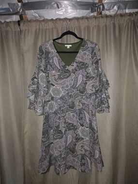 Cato Olive & Pink Paisley V-Neck Midi Dress